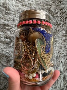 Glass Jar Filled with Mixed Jewelry and Beads - Pink Accent Lid